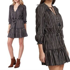 Paige Kaylynn Mini Black Multi Dress Striped Pleated V-Neck Blouse Size S